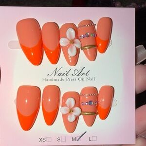 Handmade Press-On Nails - Coral Orange Floral Accent (Women Makeup)